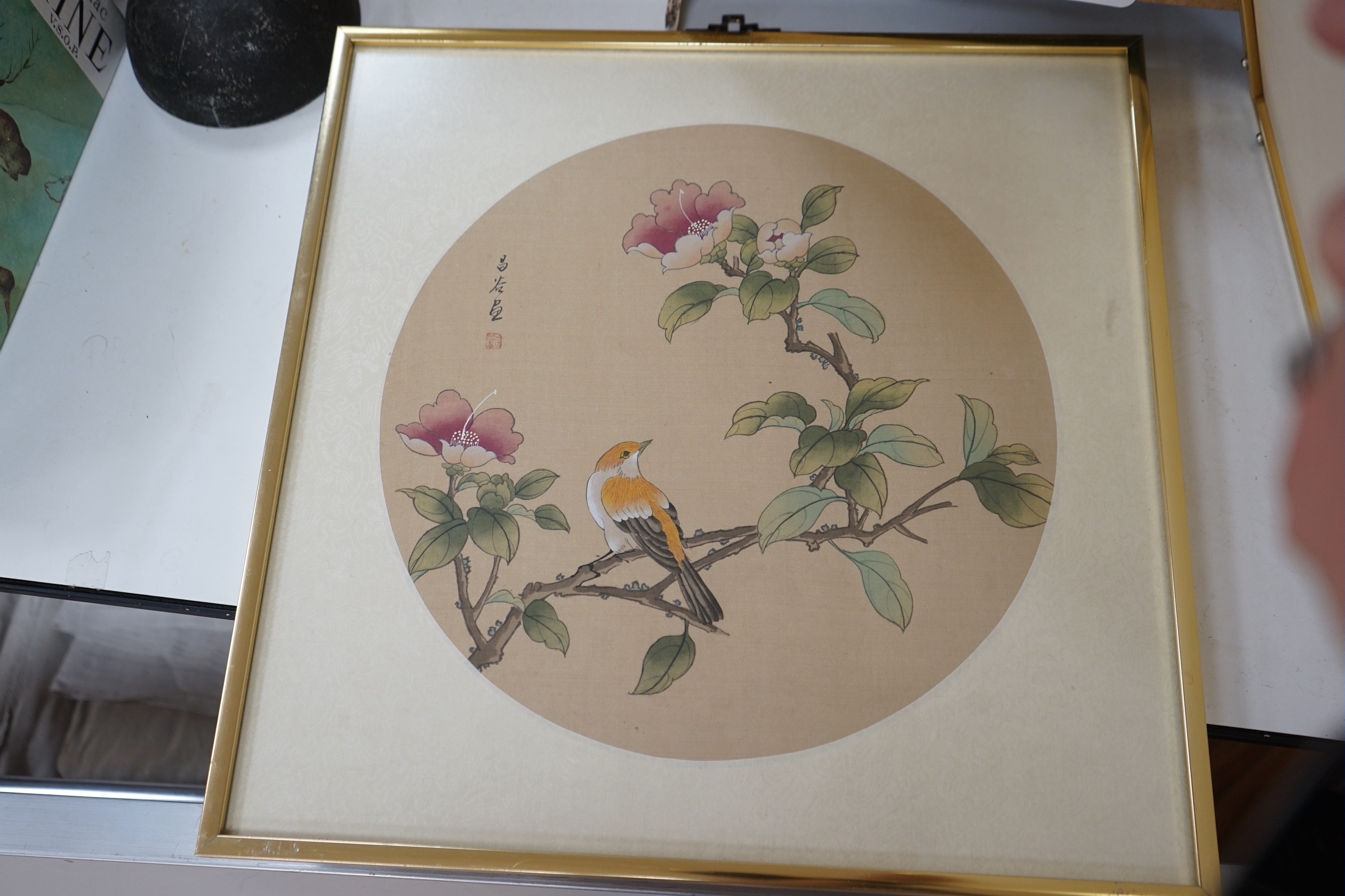 Two Chinese paintings on silk, image 30.5cm and a Chinese embroidered silk panel